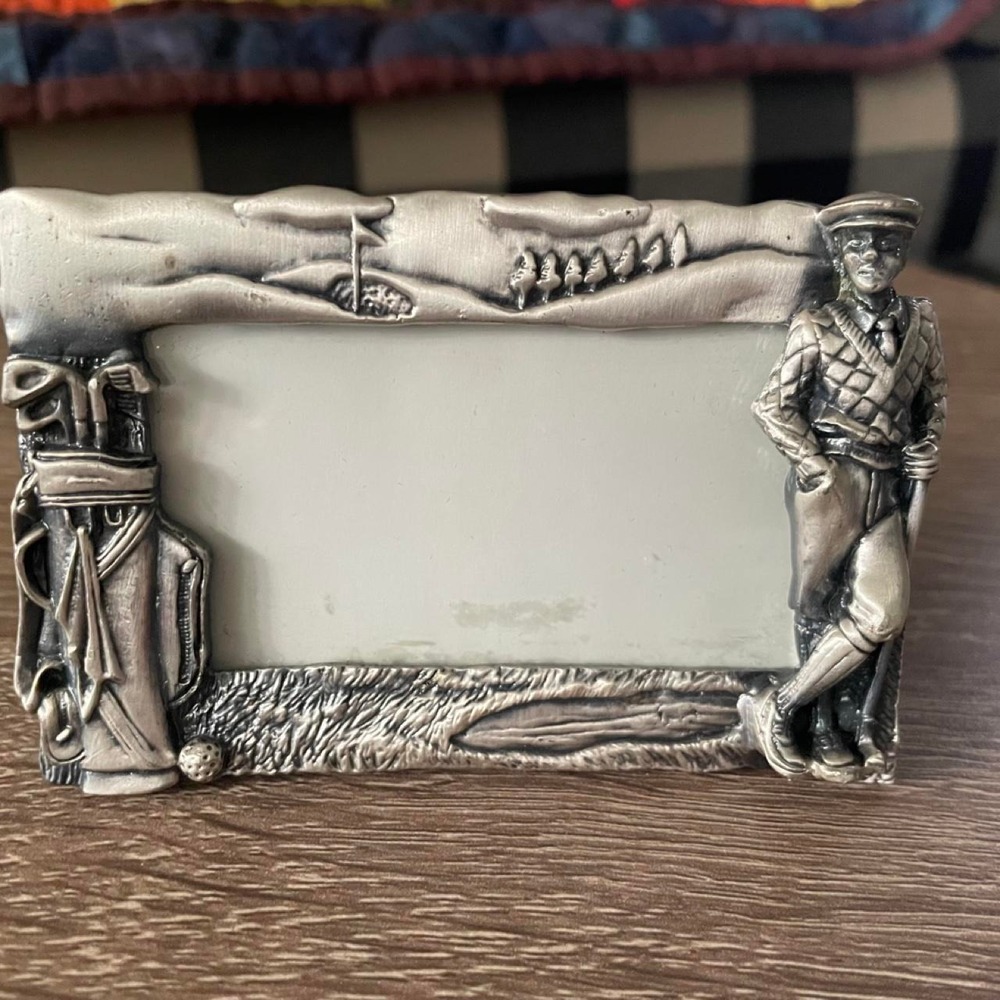 Vintage Silver golf player photo frame with golf clubs and a golfer figure